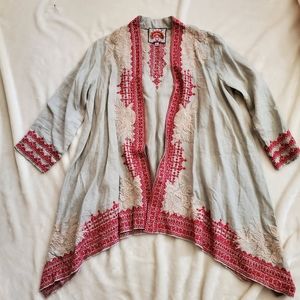 Johnny Was Light Gray Embroidered Open Front Jacket with Red Accents